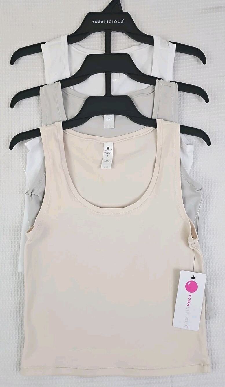 Yogalicious Pure Love Tank Top 3-Pack Womens L Crystal Gray/Micro Chip/White NWT